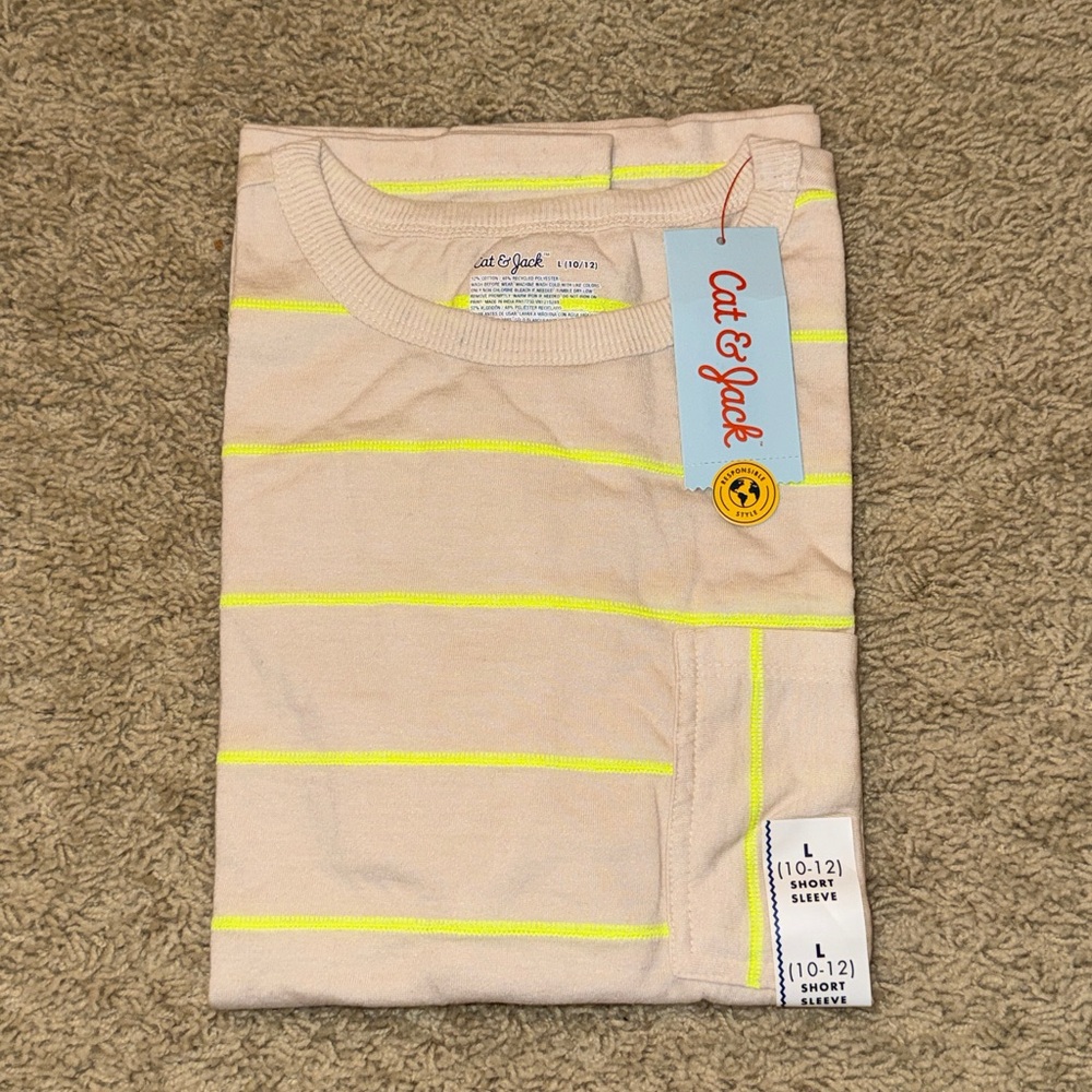 Cat & Jack Tan Tee with Neon Green Stripes